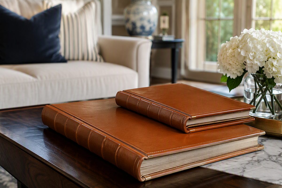 Hand-bound calfskin leather album books on a coffee table in an elegant living room