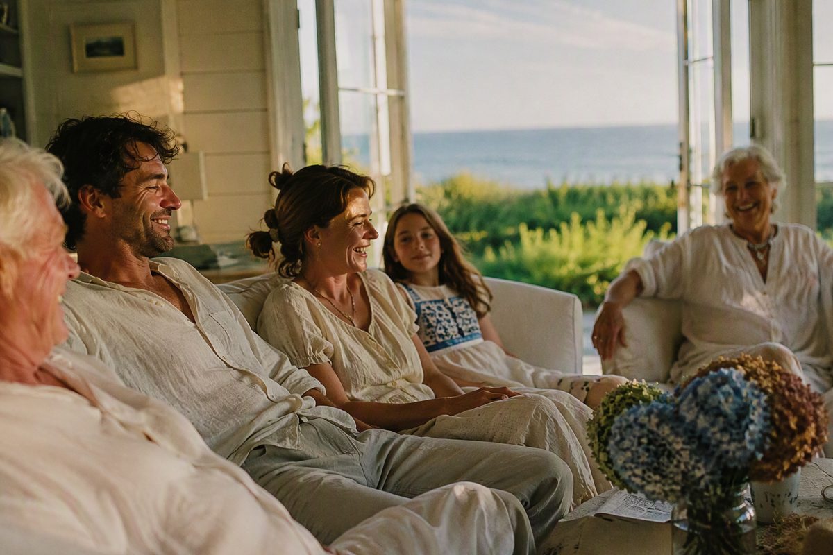 Multi-generational family in the living room of their Hamptons beach house