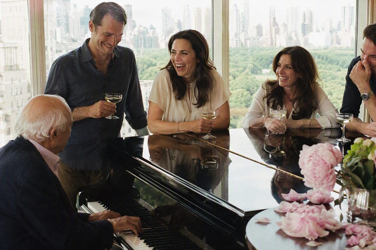 Family around the grand piano in a Manhattan penthouse overlooking Central Park